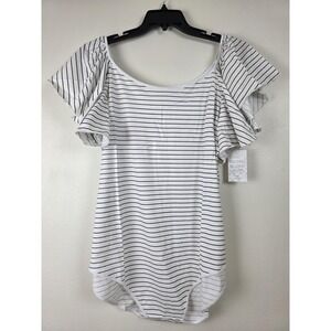 Eden & Ivy Bodysuit Womens 3X White Black Striped Ruffle Sleeve Stretch‎ Tee Top